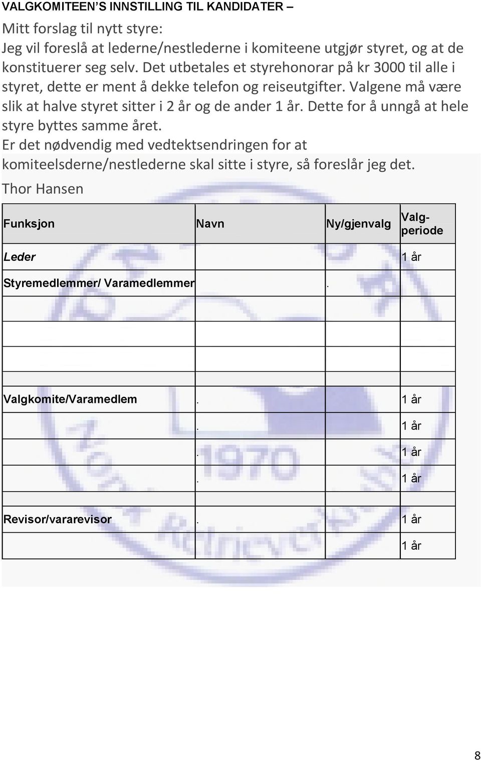 Valgene må være slik at halve styret sitter i 2 år og de ander 1 år. Dette for å unngå at hele styre byttes samme året.