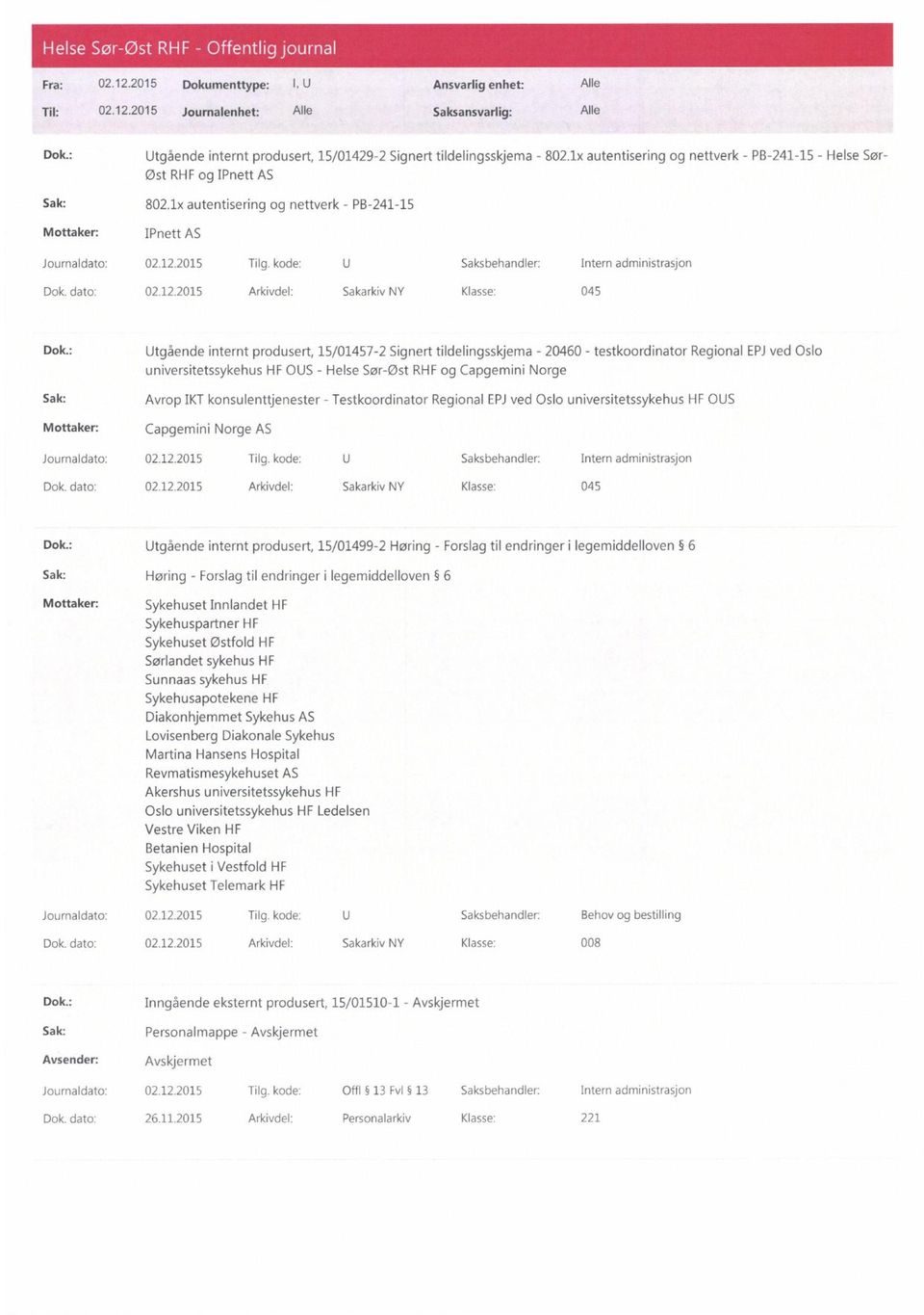 kode: U Saksbehandler: Intern administrasjon Dok. dato: 02.12.2015 Arkivdel: Sakarkiv NY Klasse: 045 Dok.