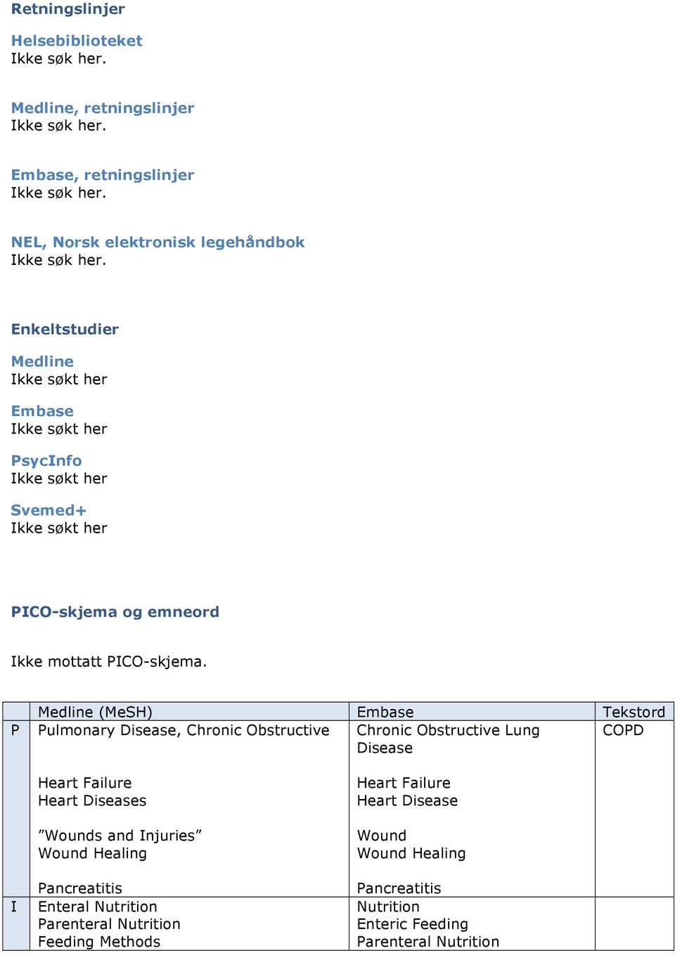 P Medline (MeSH) Embase Tekstord Pulmonary Disease, Chronic Obstructive Chronic Obstructive Lung COPD Disease I Heart Failure Heart Diseases Wounds and