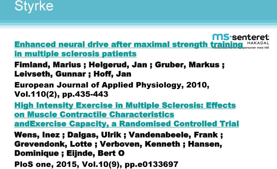 435-443 High Intensity Exercise in Multiple Sclerosis: Effects on Muscle Contractile Characteristics andexercise Capacity, a Randomised