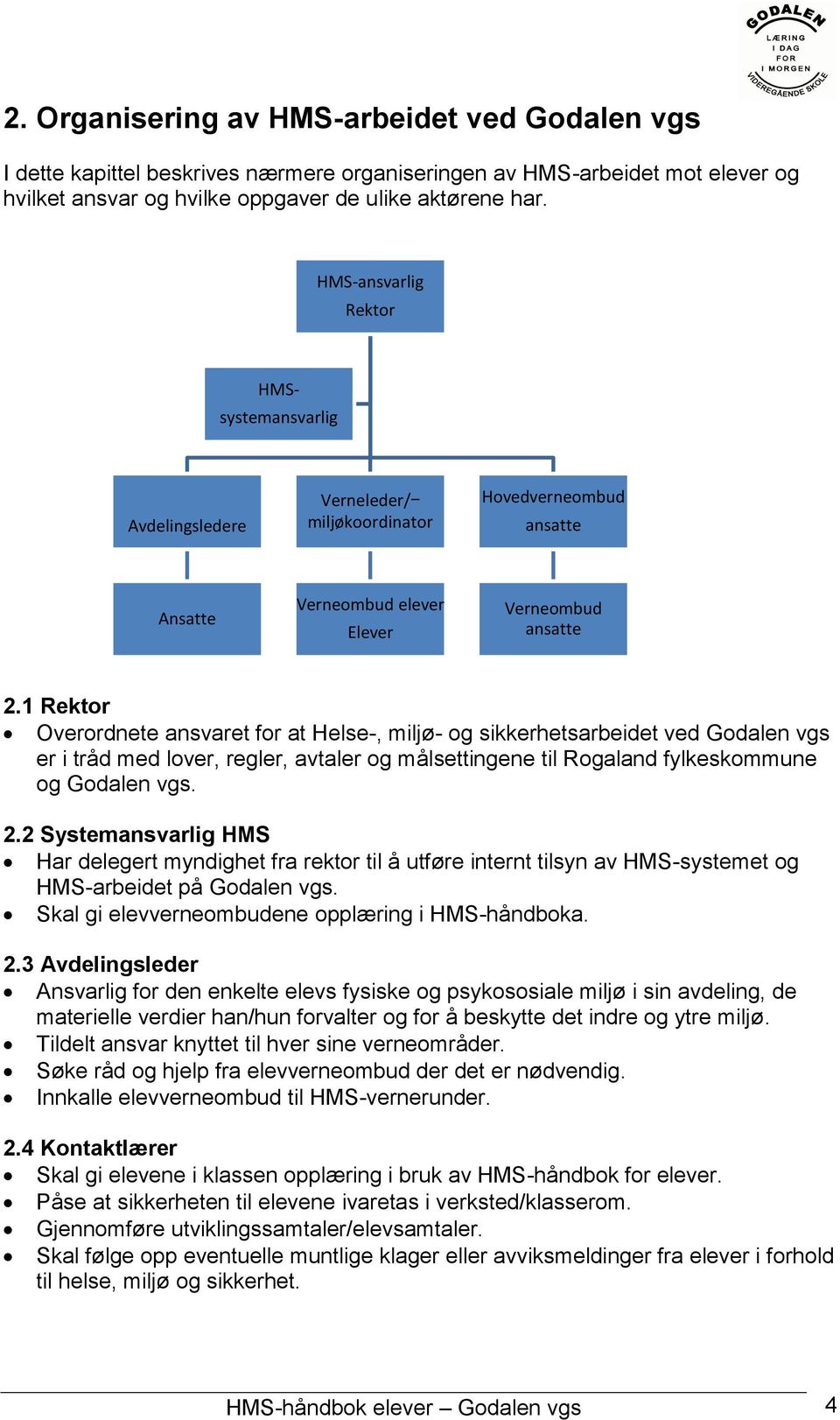 1 Rektor Overordnete ansvaret for at Helse-, miljø- og sikkerhetsarbeidet ved Godalen vgs er i tråd med lover, regler, avtaler og målsettingene til Rogaland fylkeskommune og Godalen vgs. 2.