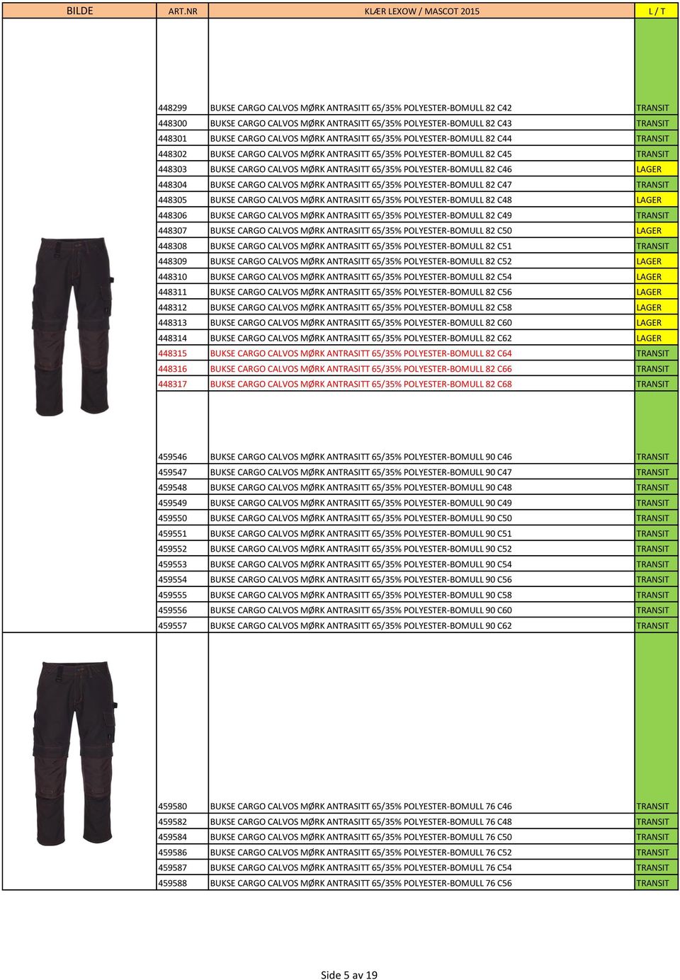 C46 LAGER 448304 BUKSE CARGO CALVOS MØRK ANTRASITT 65/35% POLYESTER-BOMULL 82 C47 TRANSIT 448305 BUKSE CARGO CALVOS MØRK ANTRASITT 65/35% POLYESTER-BOMULL 82 C48 LAGER 448306 BUKSE CARGO CALVOS MØRK