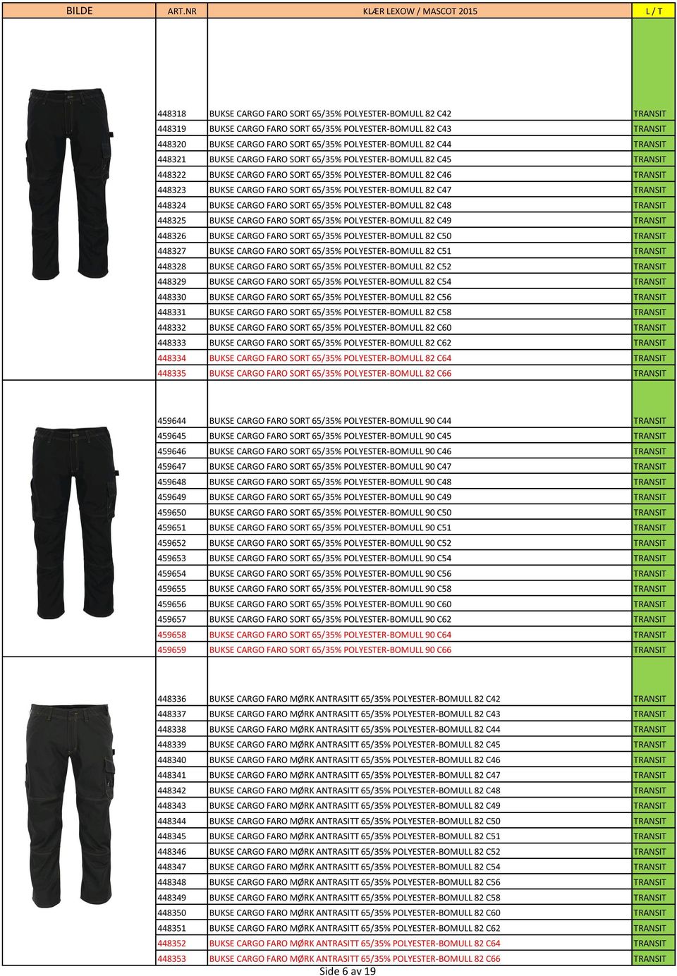 C47 TRANSIT 448324 BUKSE CARGO FARO SORT 65/35% POLYESTER-BOMULL 82 C48 TRANSIT 448325 BUKSE CARGO FARO SORT 65/35% POLYESTER-BOMULL 82 C49 TRANSIT 448326 BUKSE CARGO FARO SORT 65/35%