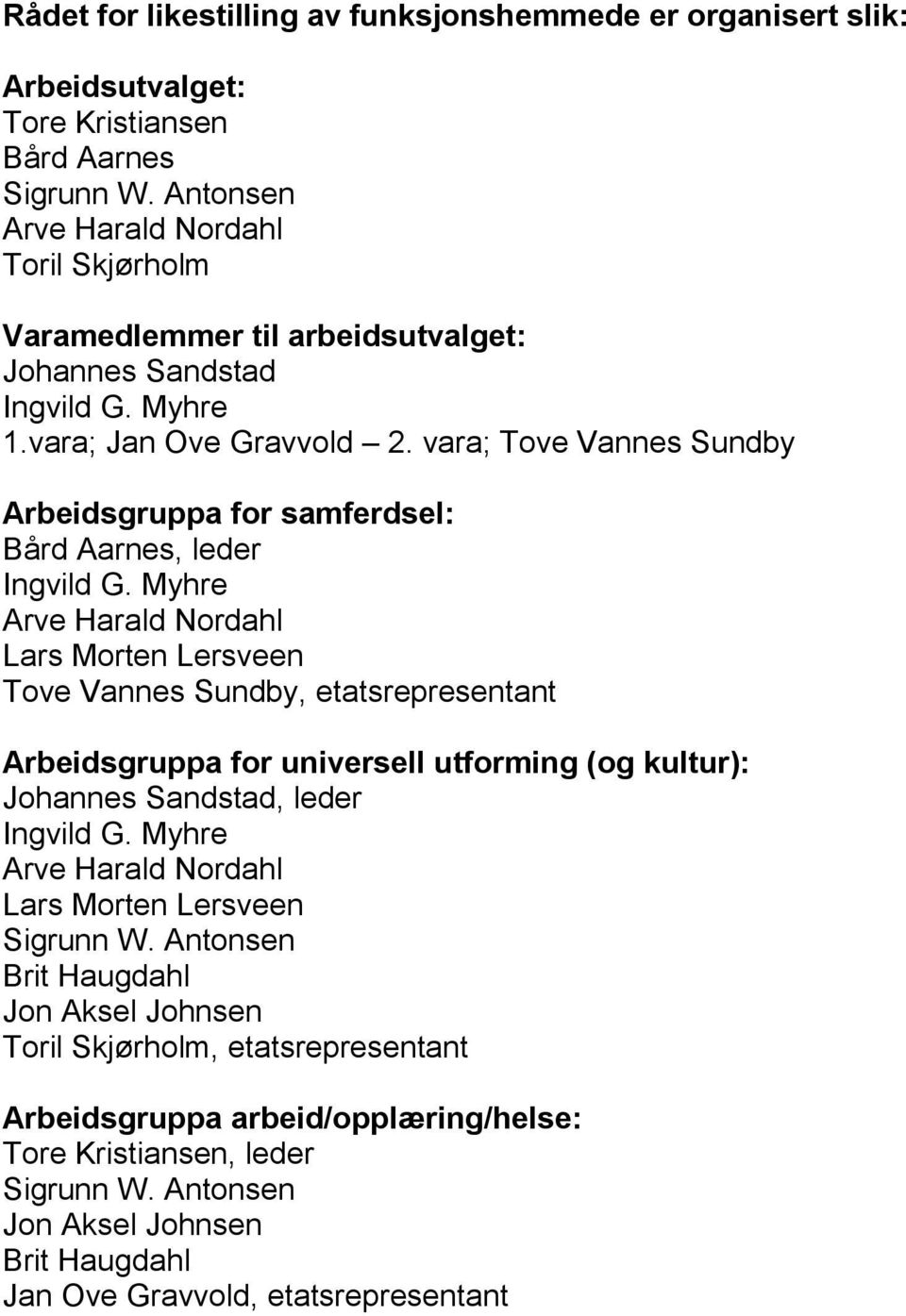 vara; Tove Vannes Sundby Arbeidsgruppa for samferdsel: Bård Aarnes, leder Ingvild G.