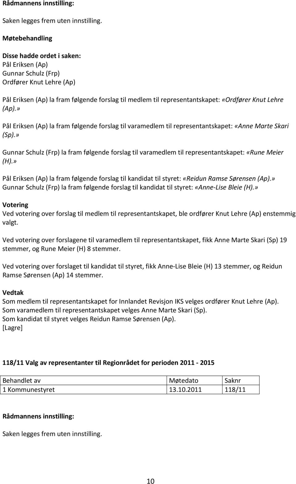 » Gunnar Schulz (Frp) la fram følgende forslag til varamedlem til representantskapet: «Rune Meier (H).» Pål Eriksen (Ap) la fram følgende forslag til kandidat til styret: «Reidun Ramse Sørensen (Ap).