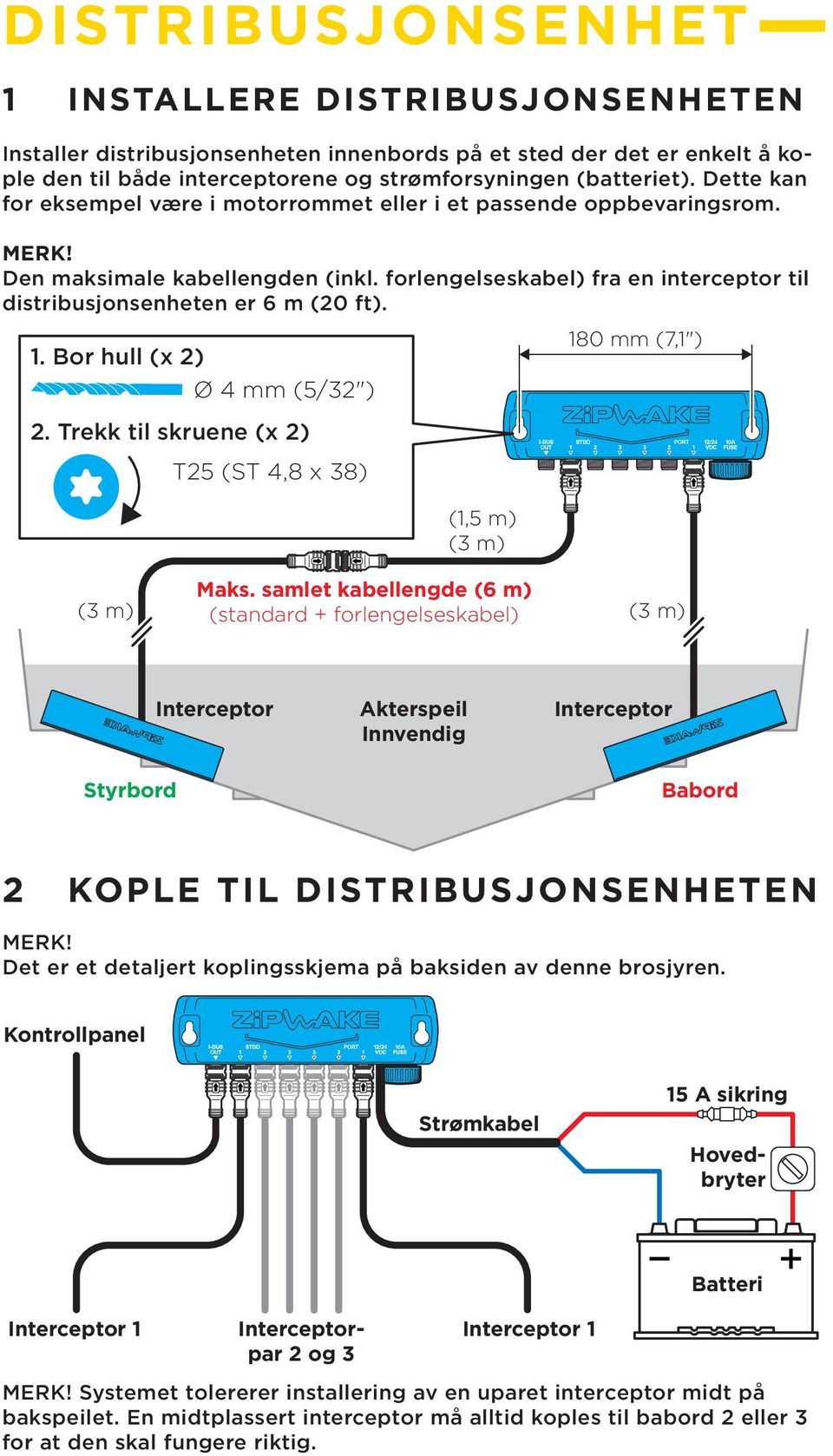 Bor hull (x 2) Ø 4 mm (5/32") 180 mm (7,1") 2. Trekk til skruene (x 2) T25 (ST 4,8 x 38) (1,5 m) (3 m) Maks.