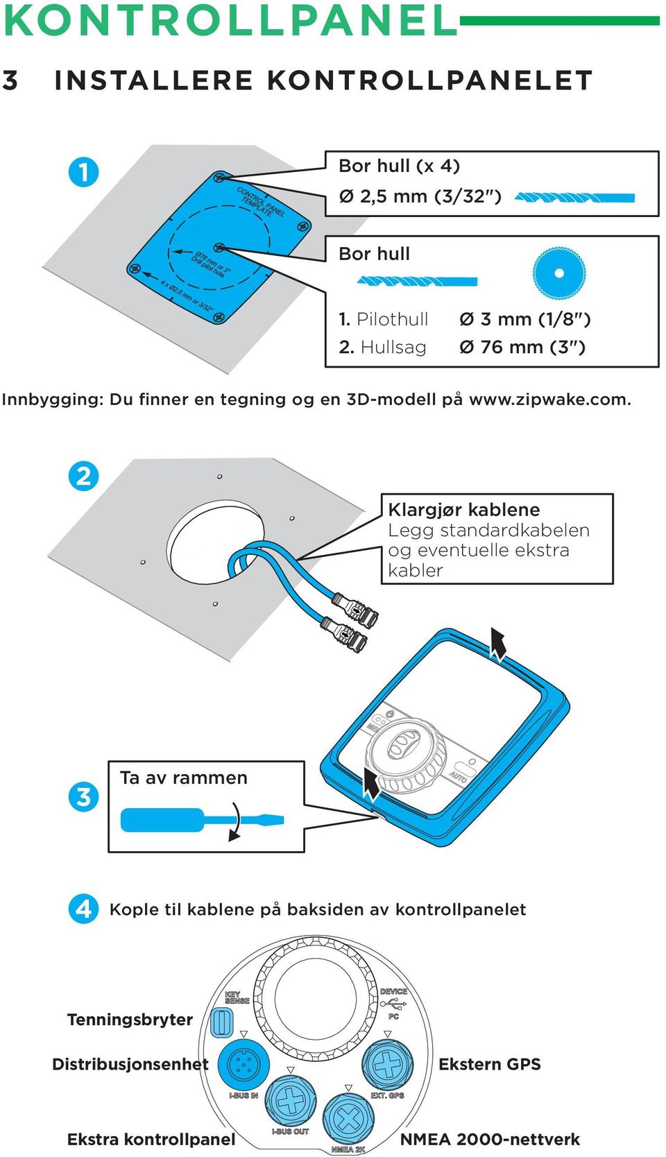 2 Klargjør kablene Legg standardkabelen og eventuelle ekstra kabler 3 Ta av rammen 4 Kople til kablene på