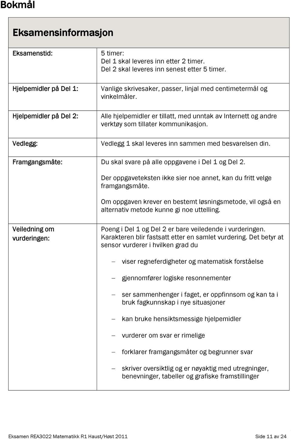 Vedlegg 1 skal leveres inn sammen med besvarelsen din. Framgangsmåte: Du skal svare på alle oppgavene i Del 1 og Del 2. Der oppgaveteksten ikke sier noe annet, kan du fritt velge framgangsmåte.