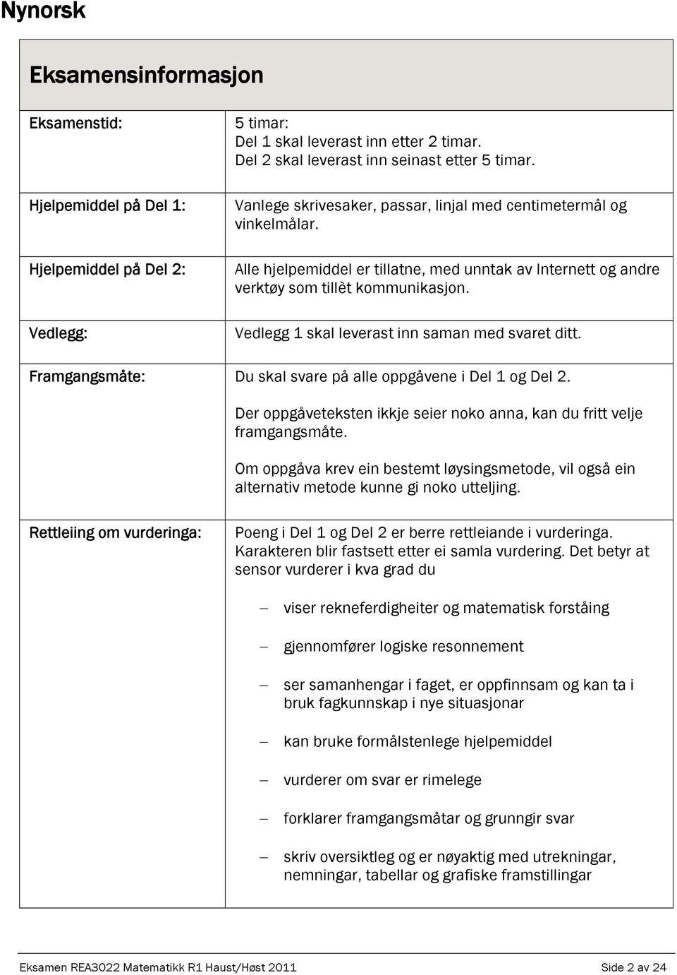 Vedlegg 1 skal leverast inn saman med svaret ditt. Framgangsmåte: Du skal svare på alle oppgåvene i Del 1 og Del 2. Der oppgåveteksten ikkje seier noko anna, kan du fritt velje framgangsmåte.