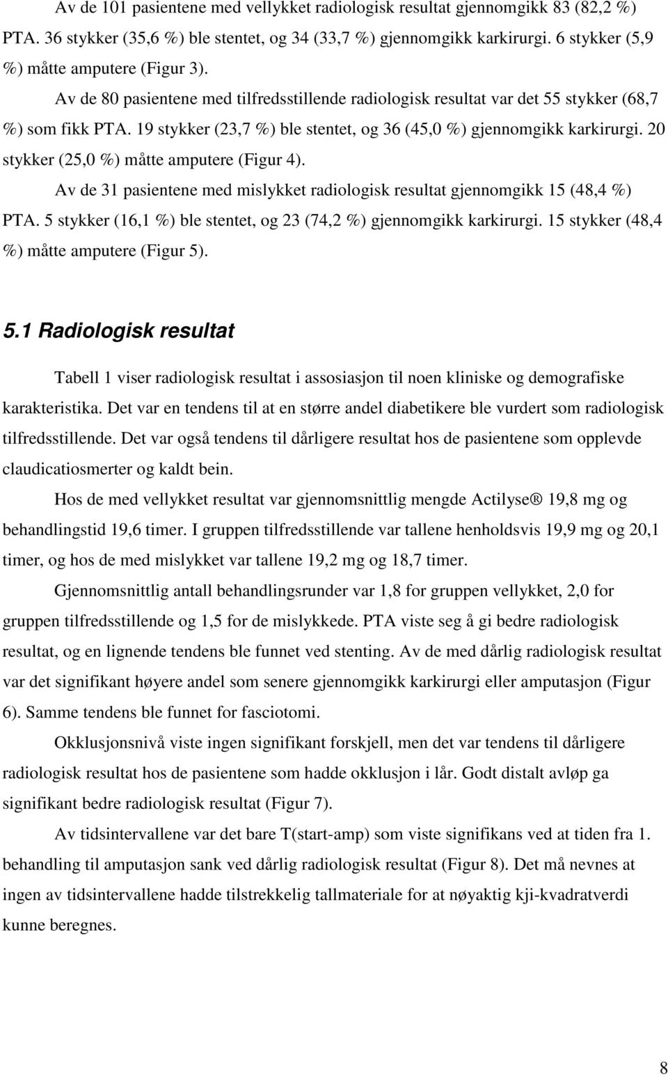 20 stykker (25,0 %) måtte amputere (Figur 4). Av de 31 pasientene med mislykket radiologisk resultat gjennomgikk 15 (48,4 %) PTA. 5 stykker (16,1 %) ble stentet, og 23 (74,2 %) gjennomgikk karkirurgi.