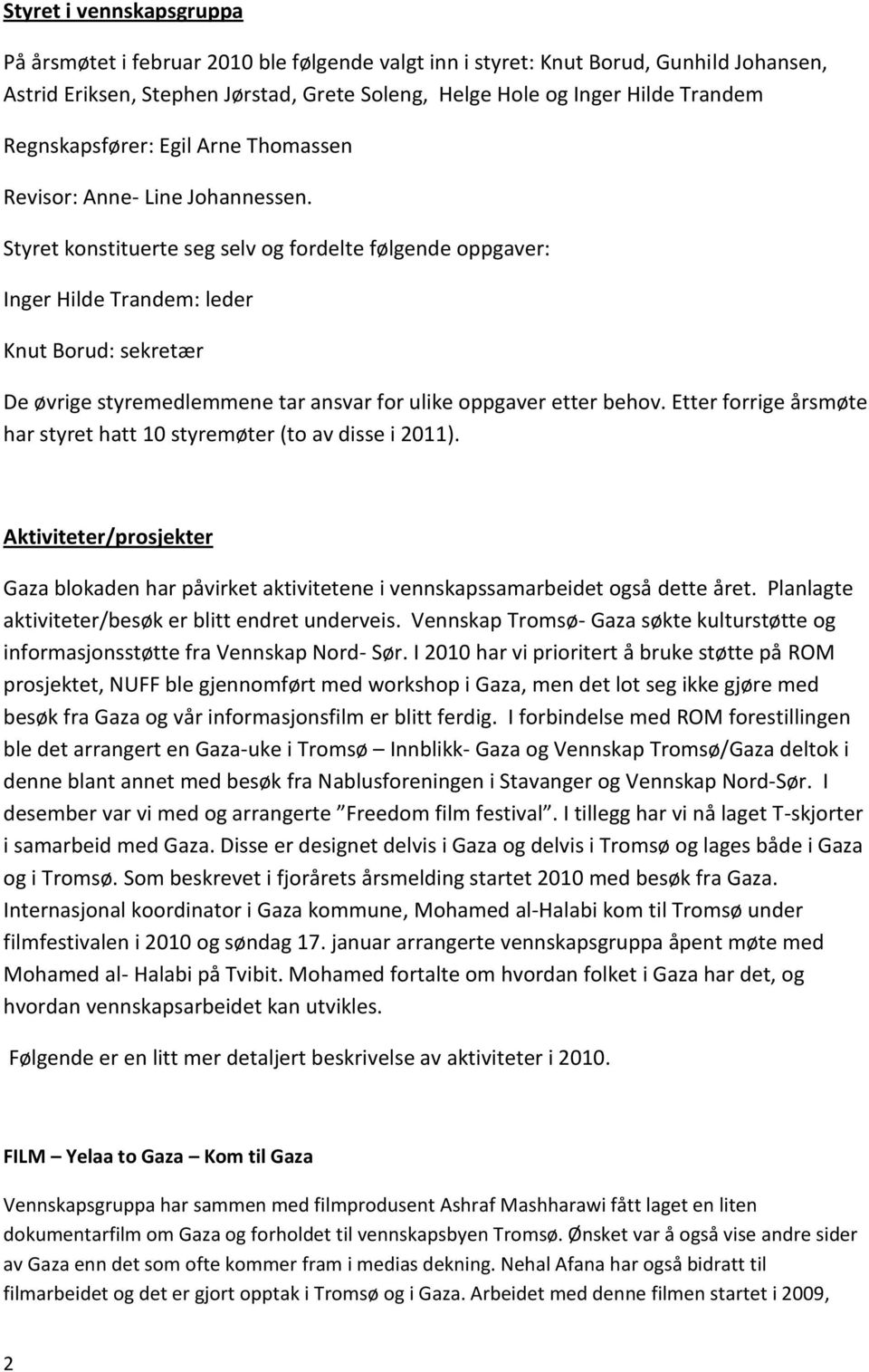 Styret konstituerte seg selv og fordelte følgende oppgaver: Inger Hilde Trandem: leder Knut Borud: sekretær De øvrige styremedlemmene tar ansvar for ulike oppgaver etter behov.