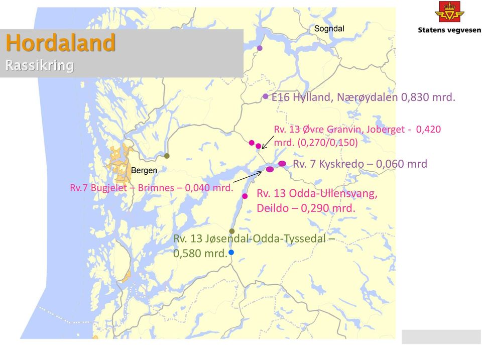 7 Kyskredo 0,060 mrd Rv.7 Bugjelet Brimnes 0,040 mrd. Rv. 13 Odda-Ullensvang, Deildo 0,290 mrd.