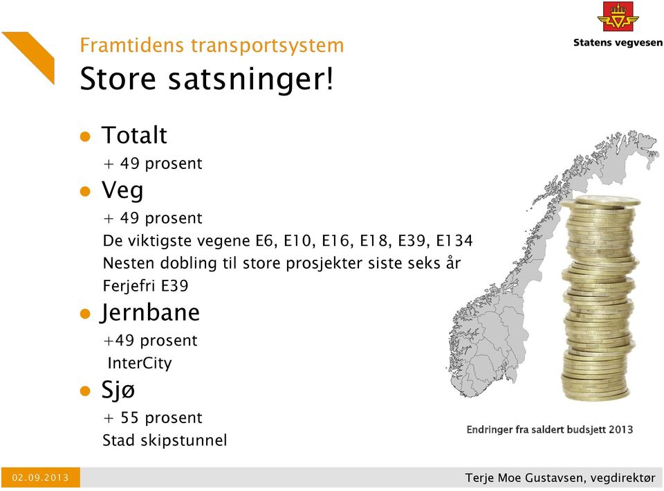 E134 Nesten dobling til store prosjekter siste seks år Ferjefri E39 Jernbane +49