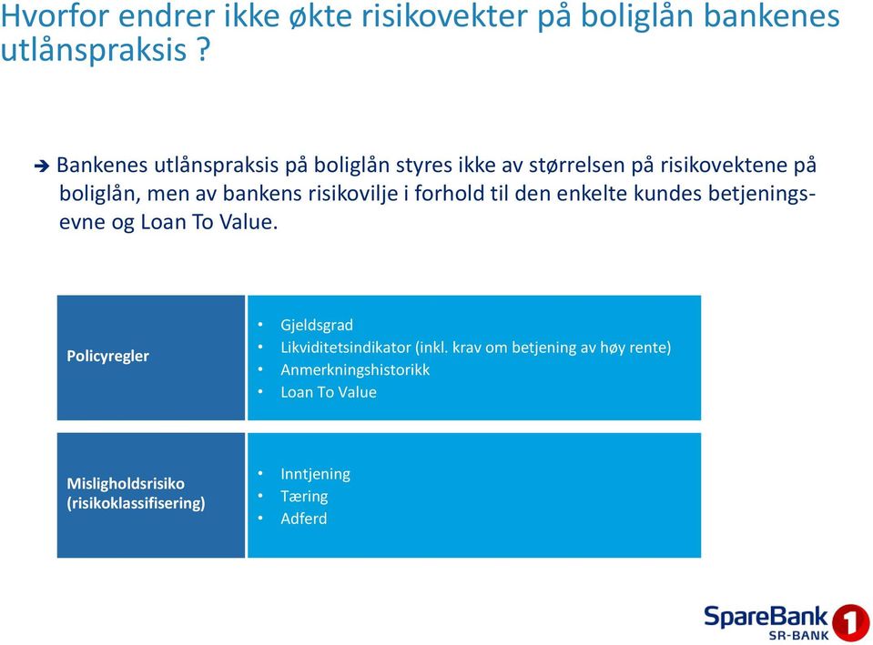 risikovilje i forhold til den enkelte kundes betjeningsevne og Loan To Value.