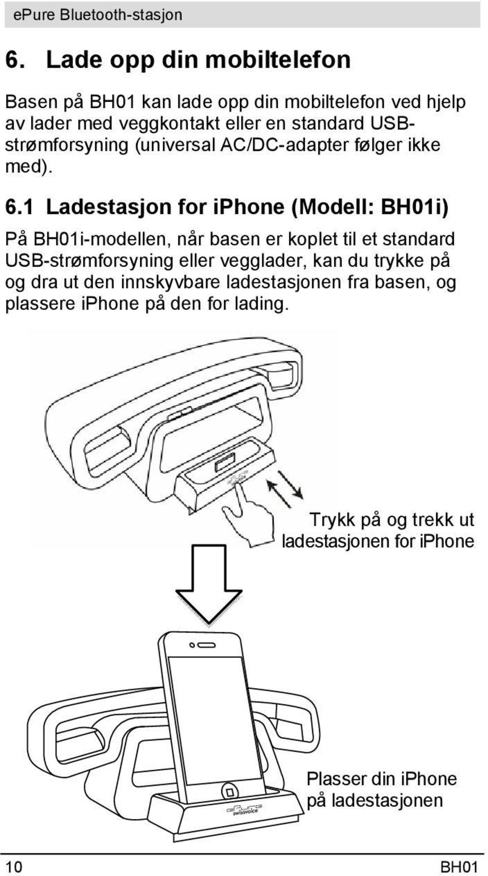 1 Ladestasjon for iphone (Modell: BH01i) På BH01i-modellen, når basen er koplet til et standard USB-strømforsyning eller