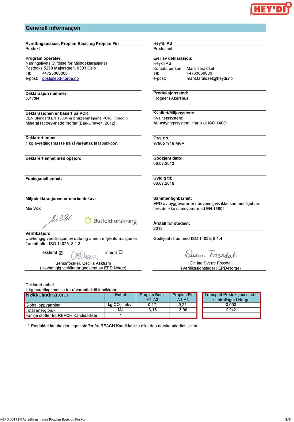 no Deklarasjon nummer: 00173N Produksjonssted: Frogner i Akershus Deklarasjonen er basert på PCR: CEN Standard EN 15804 er brukt som kjerne PCR, i tillegg til Mineral factory-made mortar [Bau-Umwelt,