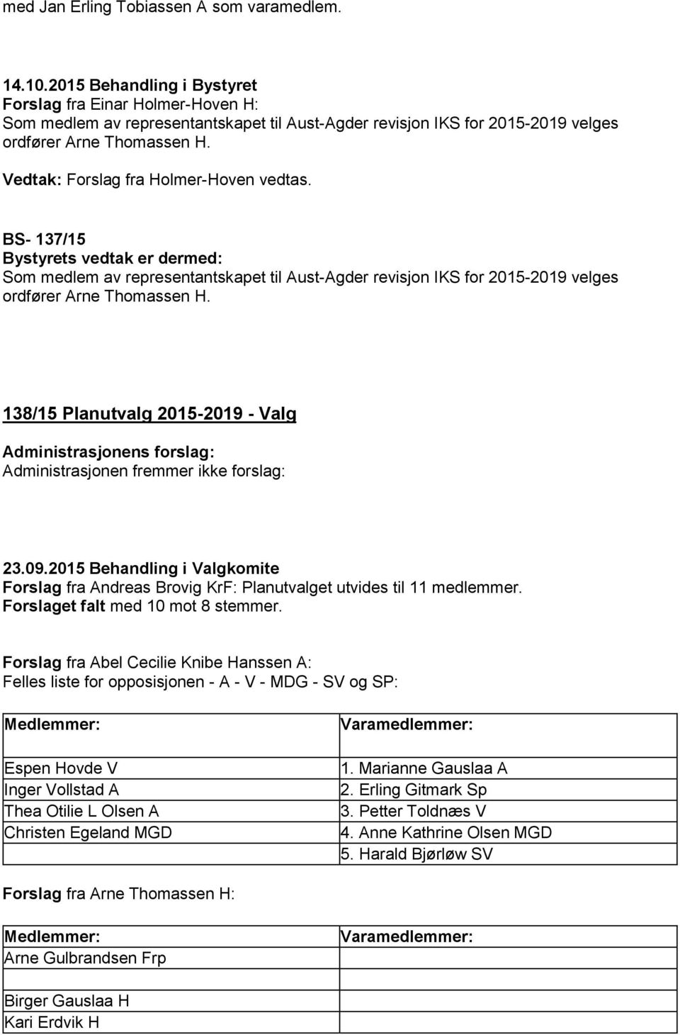 138/15 Planutvalg 2015-2019 - Valg Administrasjonen fremmer ikke forslag: Forslag fra Andreas Brovig KrF: Planutvalget utvides til 11 medlemmer. Forslaget falt med 10 mot 8 stemmer.