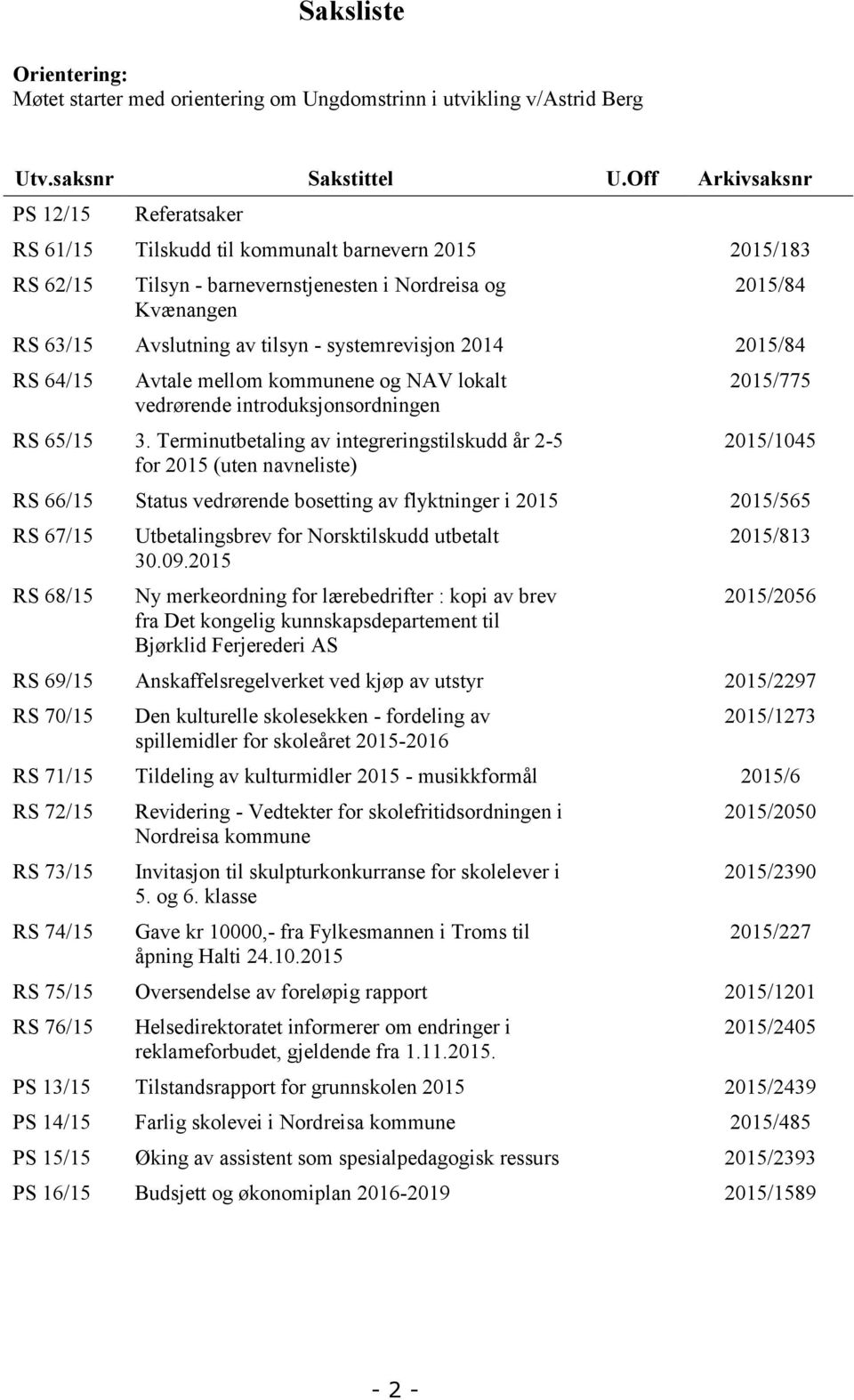 systemrevisjon 2014 2015/84 RS 64/15 Avtale mellom kommunene og NAV lokalt vedrørende introduksjonsordningen RS 65/15 3.