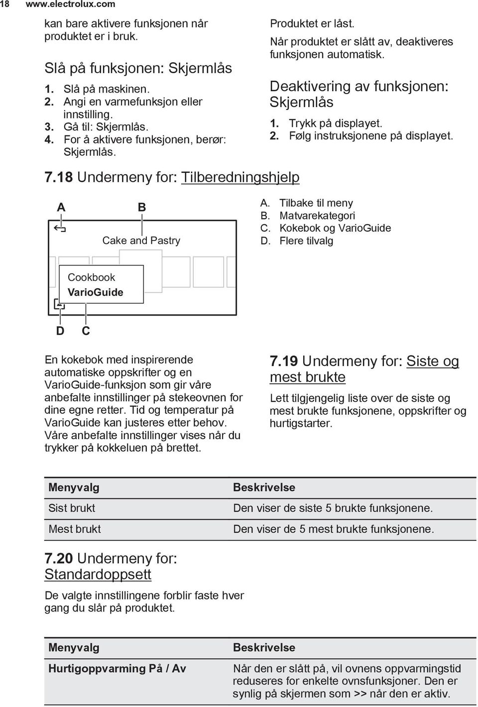 Deaktivering av funksjonen: Skjermlås 1. Trykk på displayet. 2. Følg instruksjonene på displayet. A B Cake and Pastry A. Tilbake til meny B. Matvarekategori C. Kokebok og VarioGuide D.