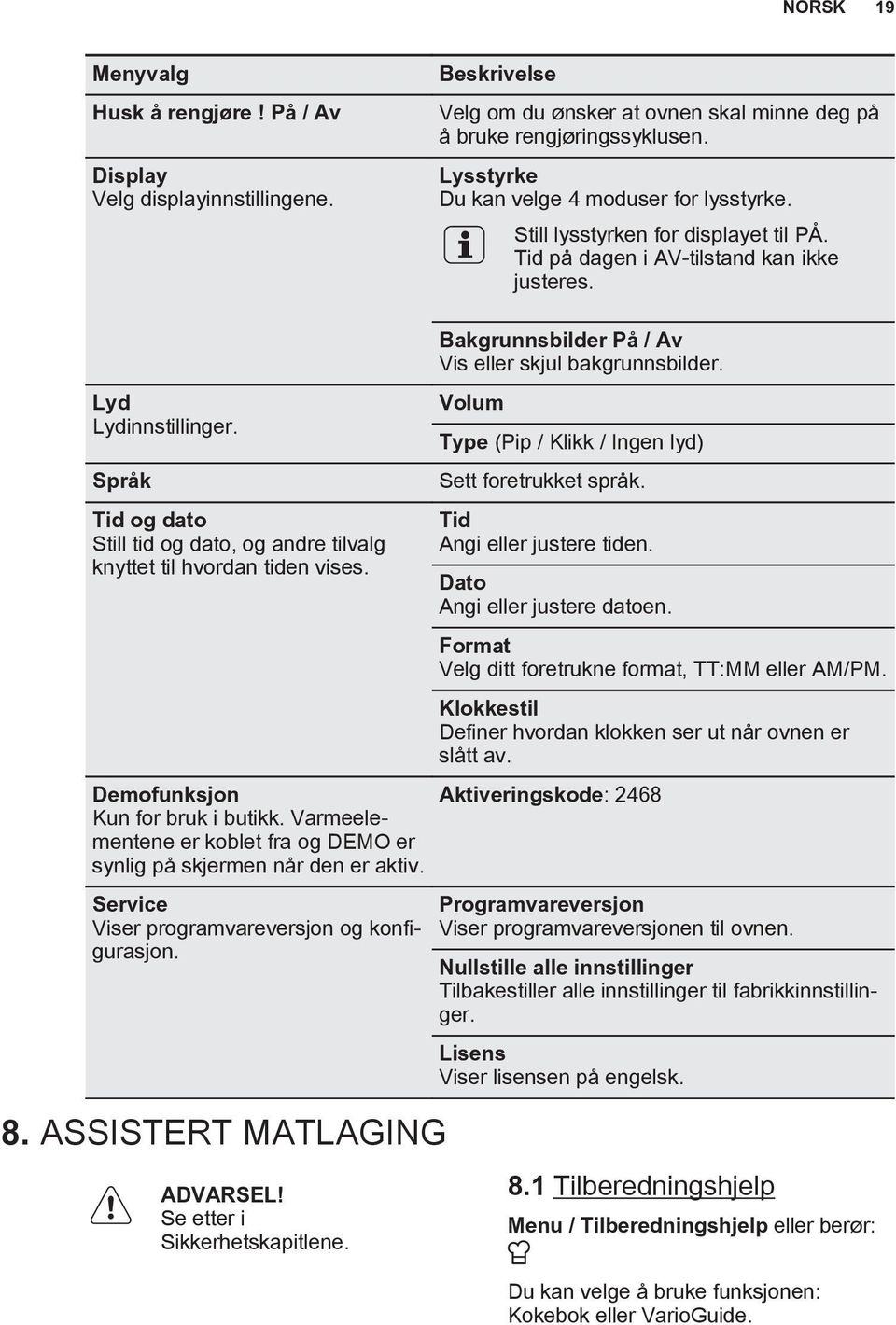 Språk Tid og dato Still tid og dato, og andre tilvalg knyttet til hvordan tiden vises. Demofunksjon Kun for bruk i butikk. Varmeelementene er koblet fra og DEMO er synlig på skjermen når den er aktiv.