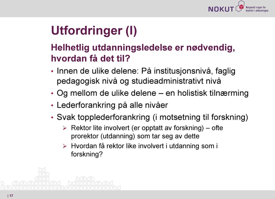 delene en holistisk tilnærming Lederforankring på alle nivåer Svak topplederforankring (i motsetning til forskning)