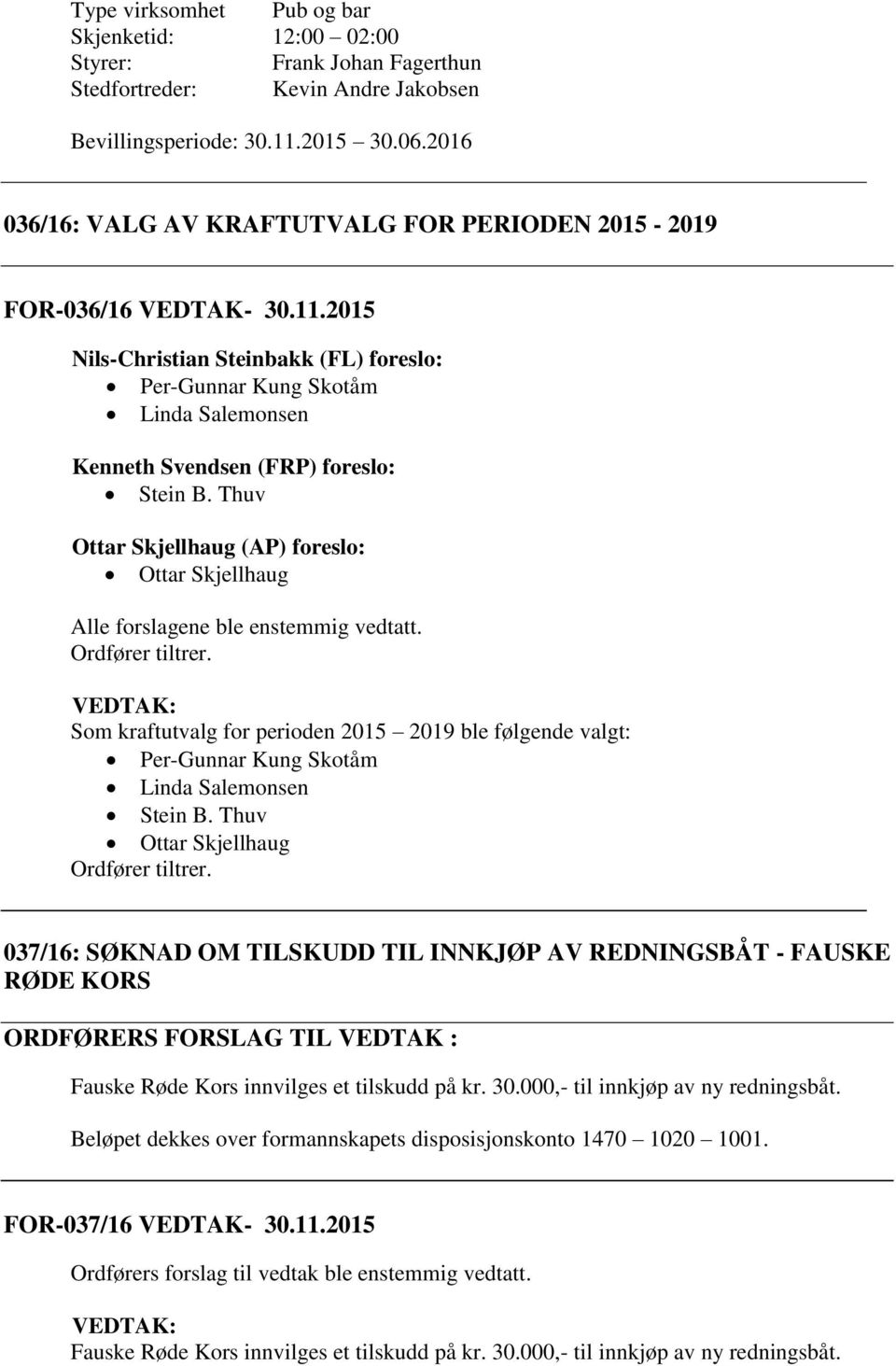 2015 Nils-Christian Steinbakk (FL) foreslo: Per-Gunnar Kung Skotåm Linda Salemonsen Kenneth Svendsen (FRP) foreslo: Stein B.