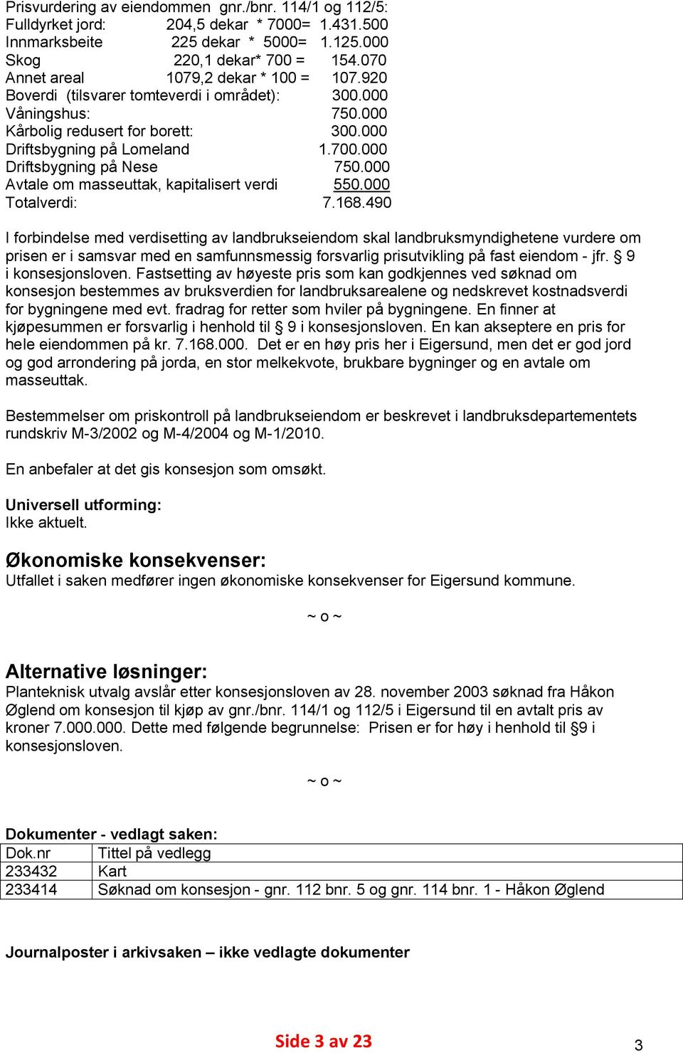 000 Driftsbygning på Nese 750.000 Avtale om masseuttak, kapitalisert verdi 550.000 Totalverdi: 7.168.