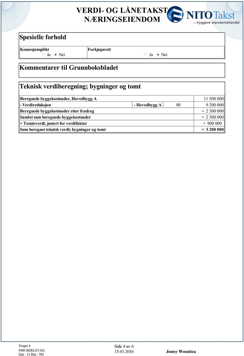 Beregnede byggekostnader etter fradrag = 2 300 000 Samlet sum beregnede byggekostnader = 2 300 000 + Tomteverdi,