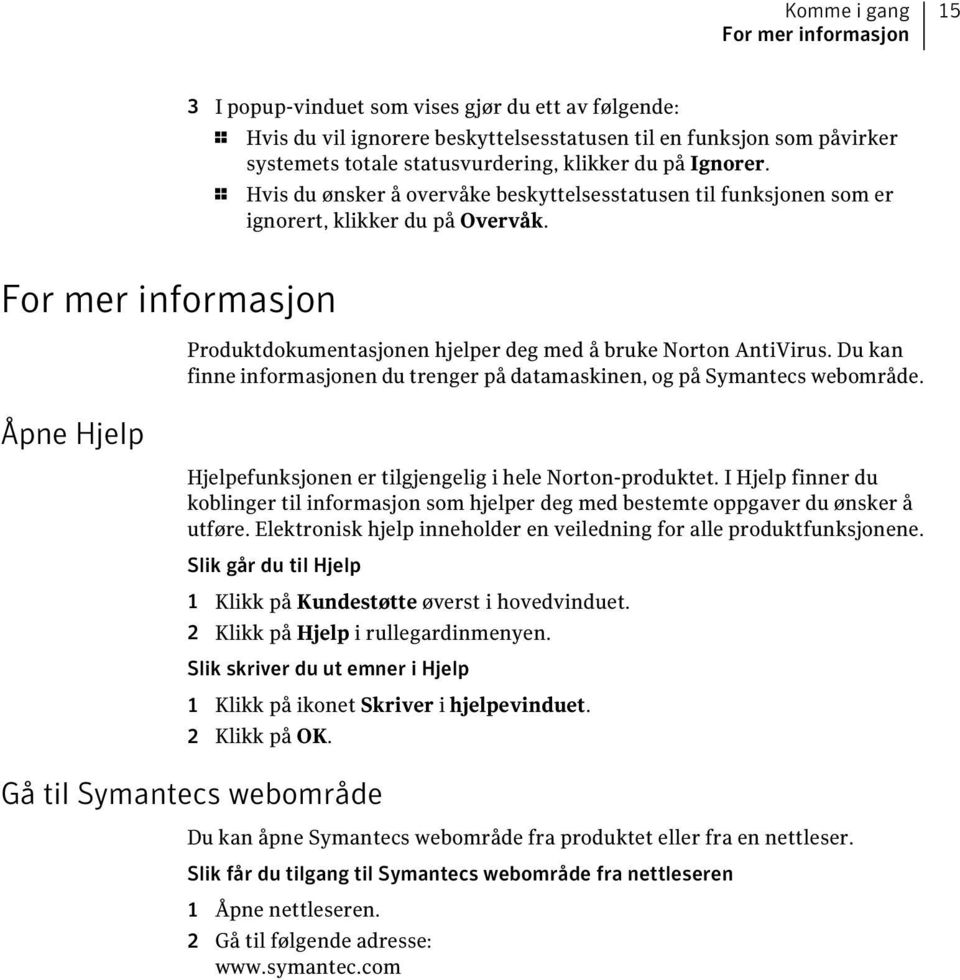 For mer informasjon Åpne Hjelp Produktdokumentasjonen hjelper deg med å bruke Norton AntiVirus. Du kan finne informasjonen du trenger på datamaskinen, og på Symantecs webområde.