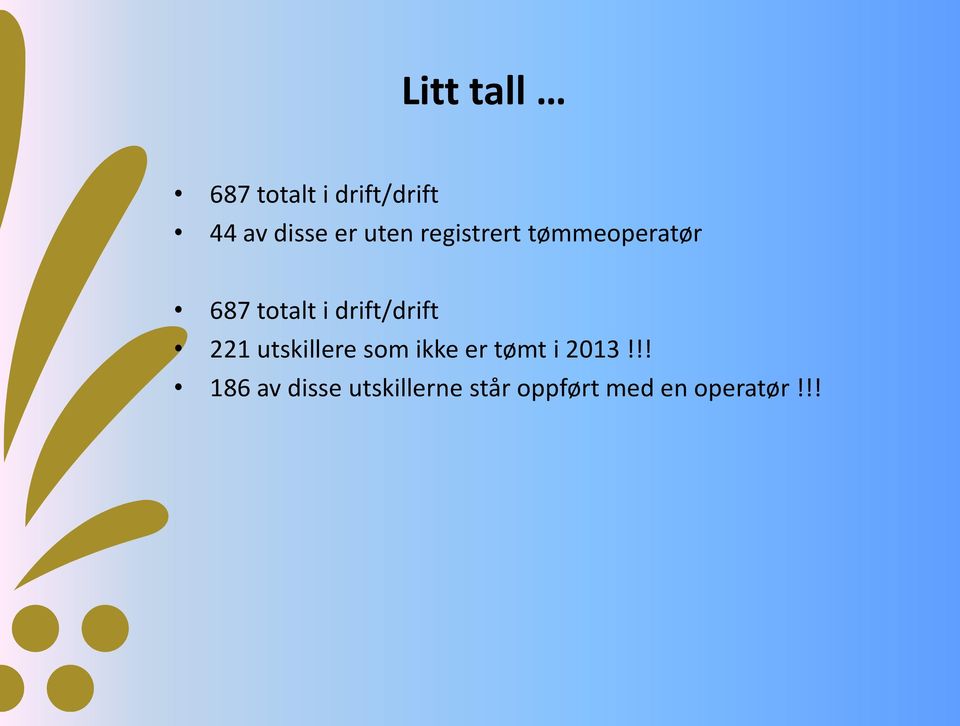 drift/drift 221 utskillere som ikke er tømt i 2013!