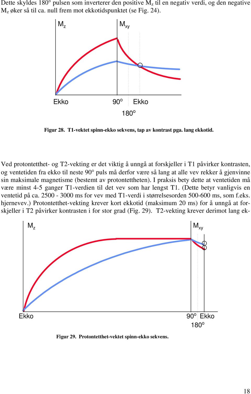 Ved protontetthet- og T2-vekting er det viktig å unngå at forskjeller i T1 påvirker kontrasten, og ventetiden fra ekko til neste 90 puls må derfor være så lang at alle vev rekker å gjenvinne sin