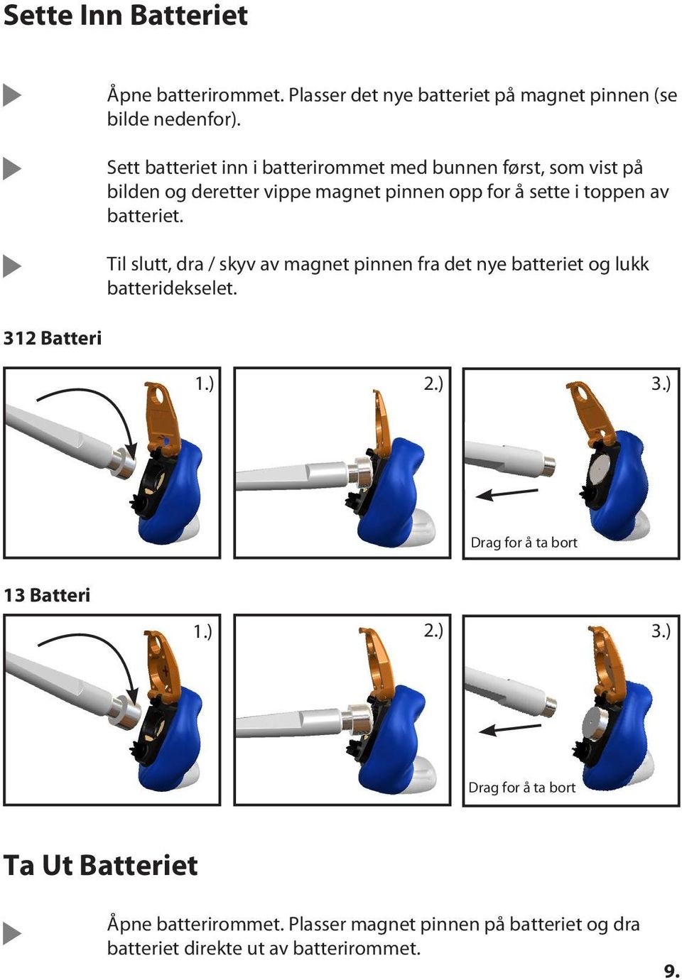 batteriet. Til slutt, dra / skyv av magnet pinnen fra det nye batteriet og lukk batteridekselet. 1.) 2.) 3.