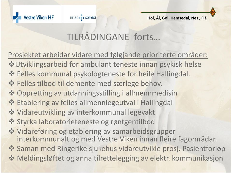 Oppretting av utdanningsstilling i allmennmedisin Etablering av felles allmennlegeutval i Hallingdal Vidareutvikling av interkommunal legevakt Styrka laboratorieteneste og