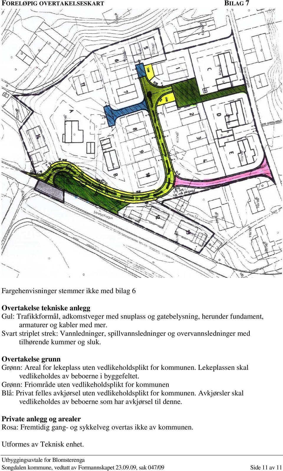 Overtakelse grunn Grønn: Areal for lekeplass uten vedlikeholdsplikt for kommunen. Lekeplassen skal vedlikeholdes av beboerne i byggefeltet.