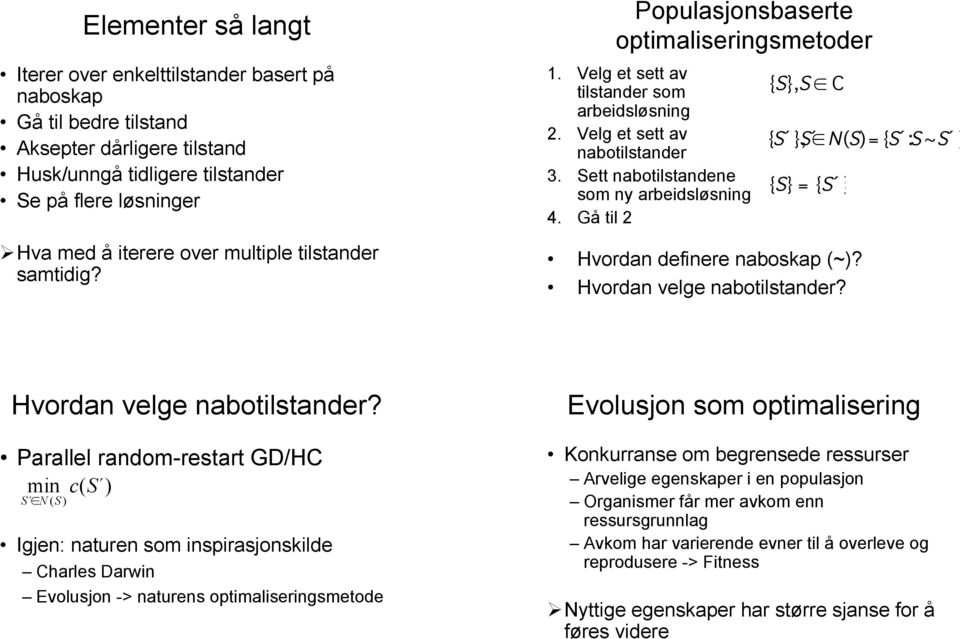 Sett nabotilstandene som ny arbeidsløsning. Gå til { S}, S! C { S }, S! N( S) = { S : S ~ S } { S } = { S } Hvordan definere naboskap (~)? Hvordan velge nabotilstander?