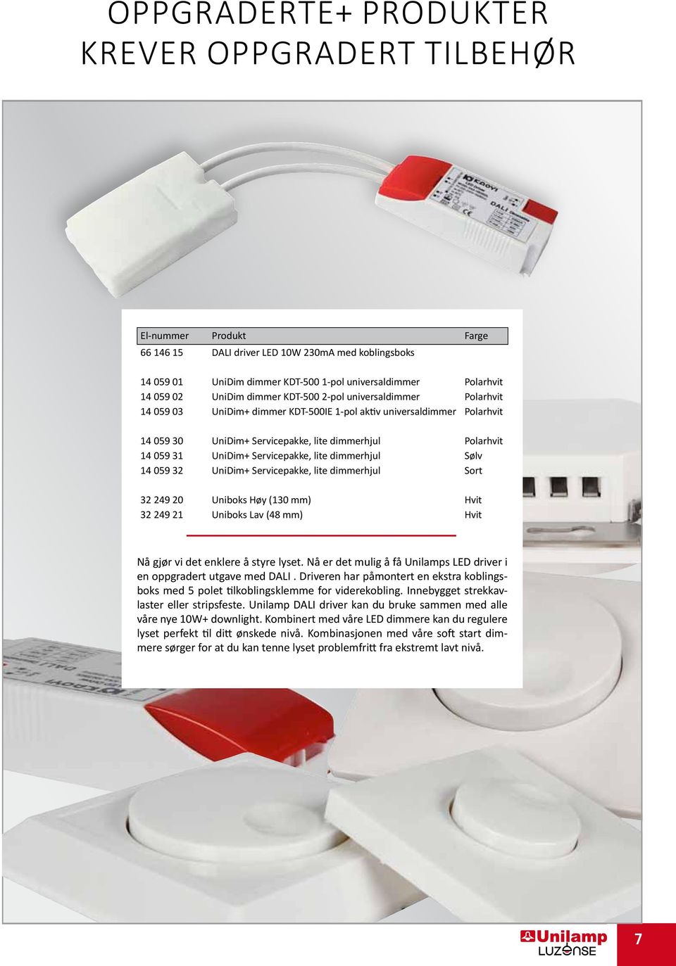 dimmerhjul Sølv 14 059 32 UniDim+ Servicepakke, lite dimmerhjul Sort 32 249 20 Uniboks Høy (130 mm) Hvit 32 249 21 Uniboks Lav (48 mm) Hvit Nå gjør vi det enklere å styre lyset.