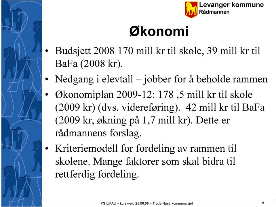 videreføring). 42 mill kr til BaFa (2009 kr, økning på 1,7 mill kr). Dette er rådmannens forslag.