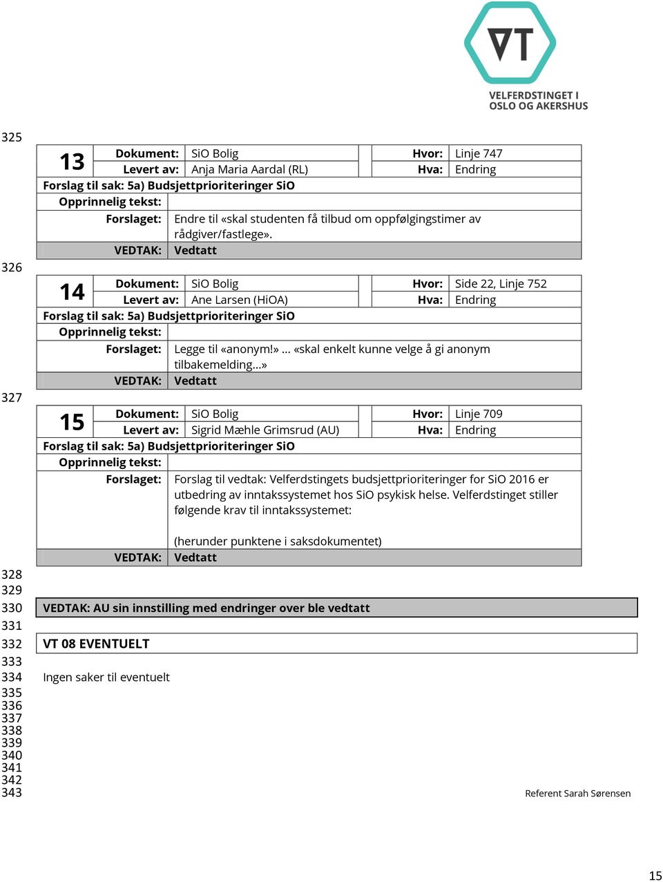 14 Dokument: SiO Bolig Hvor: Side 22, Linje 752 Levert av: Ane Larsen (HiOA) Hva: Endring Forslag til sak: 5a) Budsjettprioriteringer SiO Forslaget: Legge til «anonym!