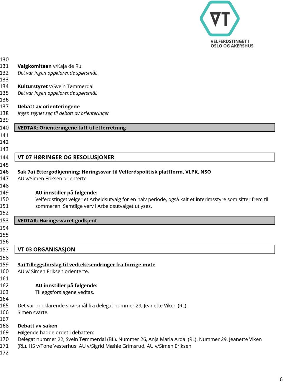 Debatt av orienteringene Ingen tegnet seg til debatt av orienteringer VEDTAK: Orienteringene tatt til etterretning VT 07 HØRINGER OG RESOLUSJONER Sak 7a) Ettergodkjenning: Høringssvar til