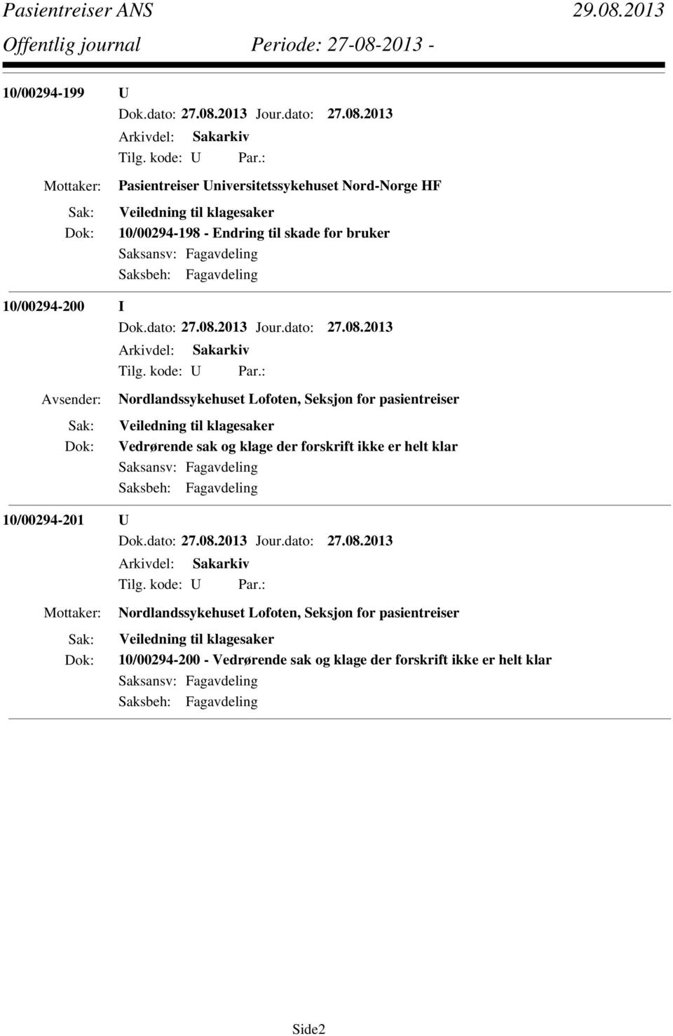 klagesaker Vedrørende sak og klage der forskrift ikke er helt klar 10/00294-201 U Nordlandssykehuset Lofoten,