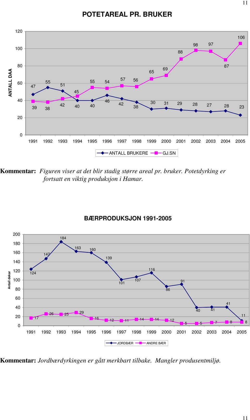 1999 2 21 22 23 24 25 ANTALL GJ.SN Kommentar: Figuren viser at det blir stadig større areal pr. bruker. Potetdyrking er fortsatt en viktig produksjon i Hamar.