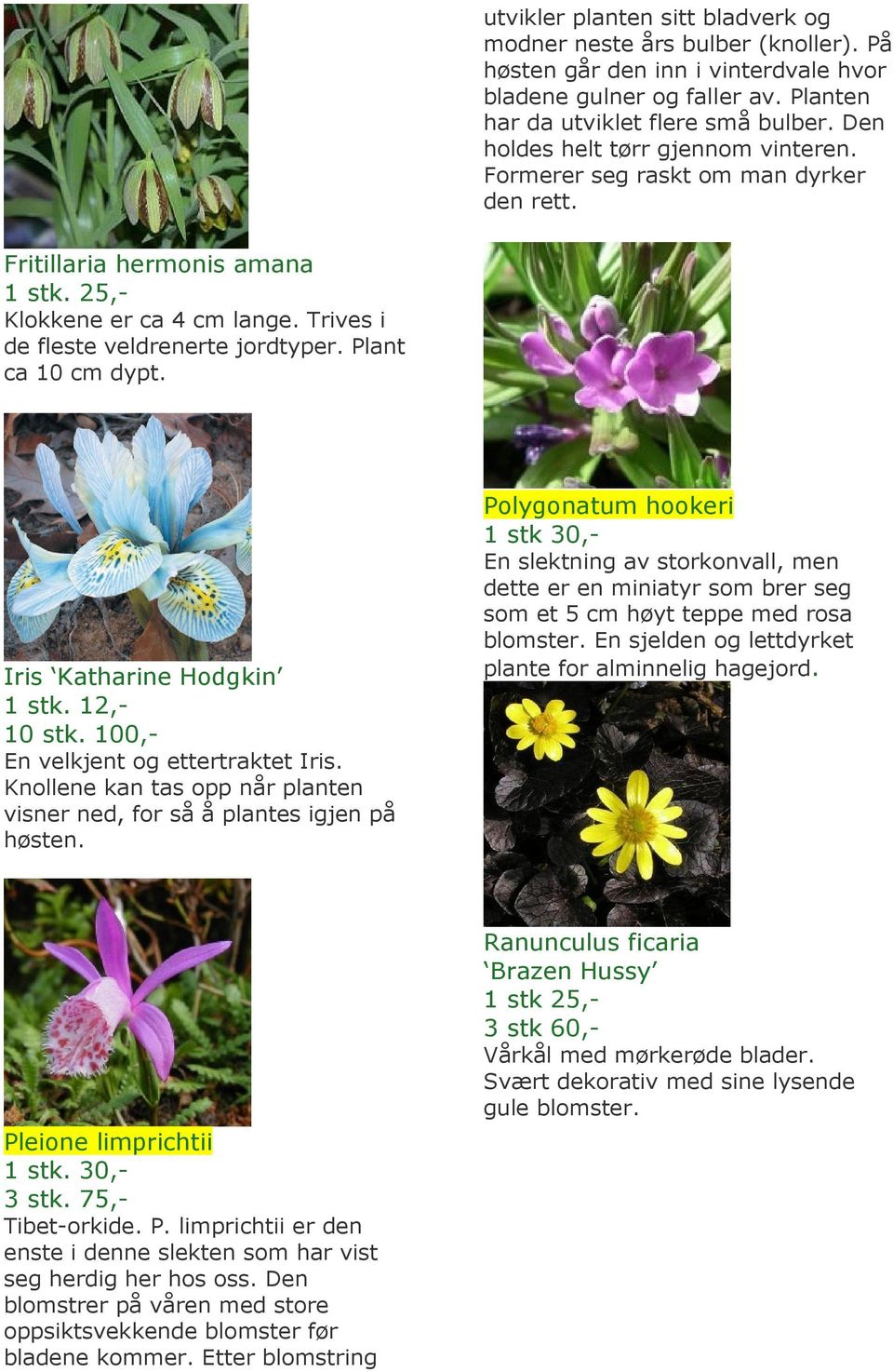 Plant ca 10 cm dypt. Iris Katharine Hodgkin 1 stk. 12,- 10 stk. 100,- En velkjent og ettertraktet Iris. Knollene kan tas opp når planten visner ned, for så å plantes igjen på høsten.
