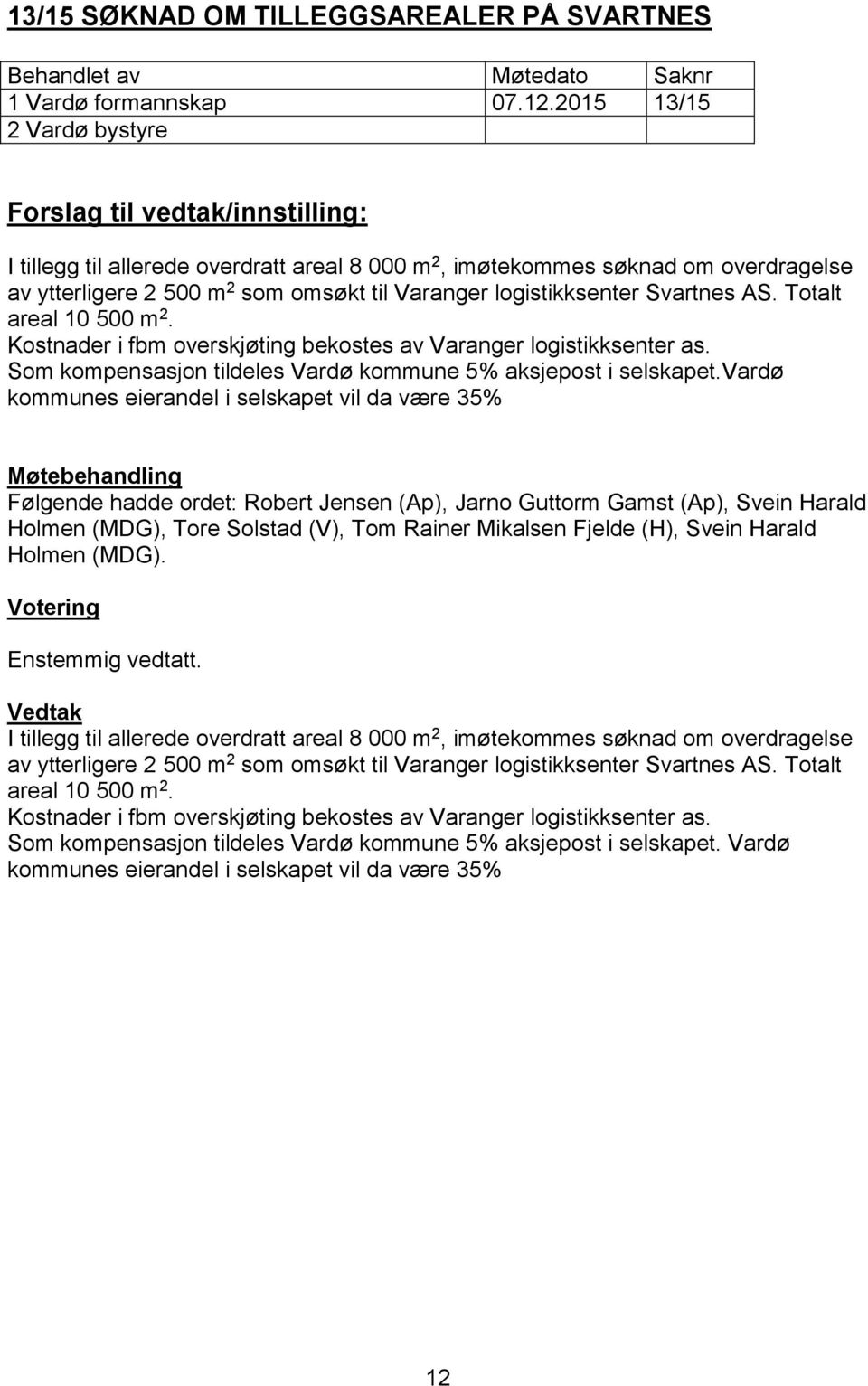 logistikksenter Svartnes AS. Totalt areal 10 500 m 2. Kostnader i fbm overskjøting bekostes av Varanger logistikksenter as. Som kompensasjon tildeles Vardø kommune 5% aksjepost i selskapet.