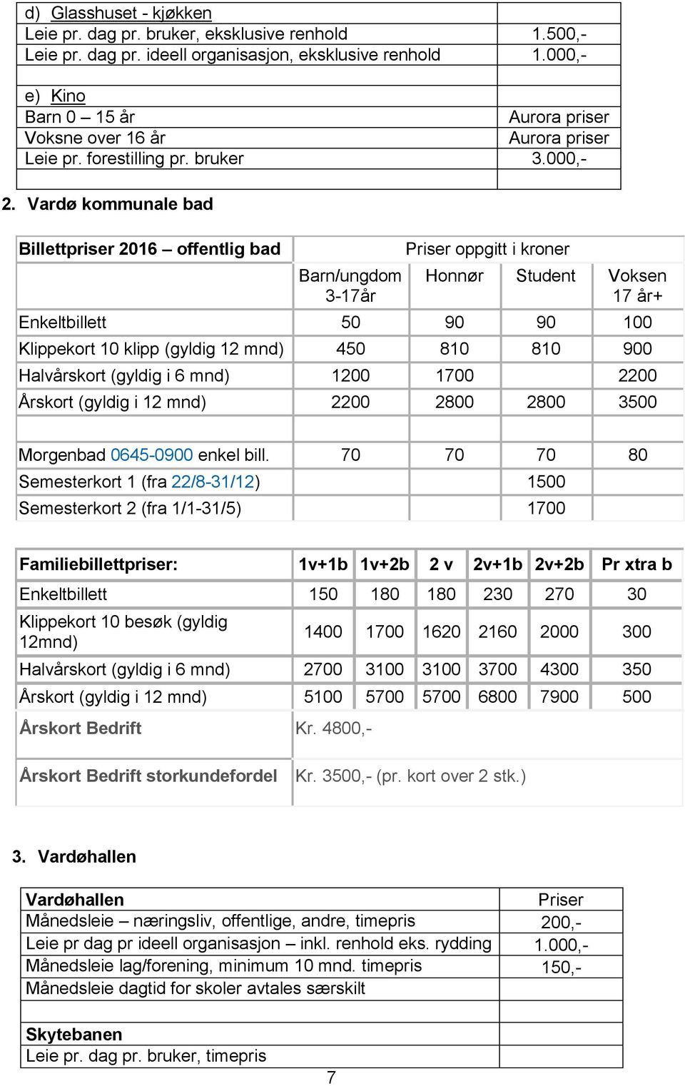 Vardø kommunale bad Billettpriser 2016 offentlig bad Barn/ungdom 3-17år oppgitt i kroner Honnør Student Voksen 17 år+ Enkeltbillett 50 90 90 100 Klippekort 10 klipp (gyldig 12 mnd) 450 810 810 900