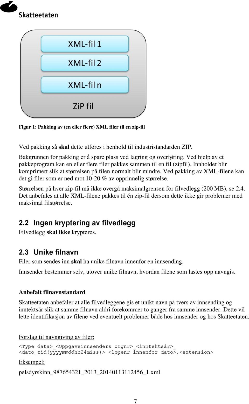 Ved pakking av XML-filene kan det gi filer som er ned mot 10-20 % av opprinnelig størrelse. Størrelsen på hver zip-fil må ikke overgå maksimalgrensen for filvedlegg (200 MB), se 2.4.