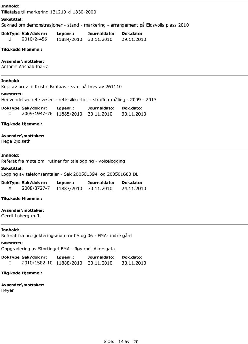 Bjolseth Referat fra møte om rutiner for talelogging - voicelogging Logging av telefonsamtaler - Sak 200501394 og 200501683 DL X 2008/3727-7 11887/2010 24.11.2010 Gerrit Loberg m.