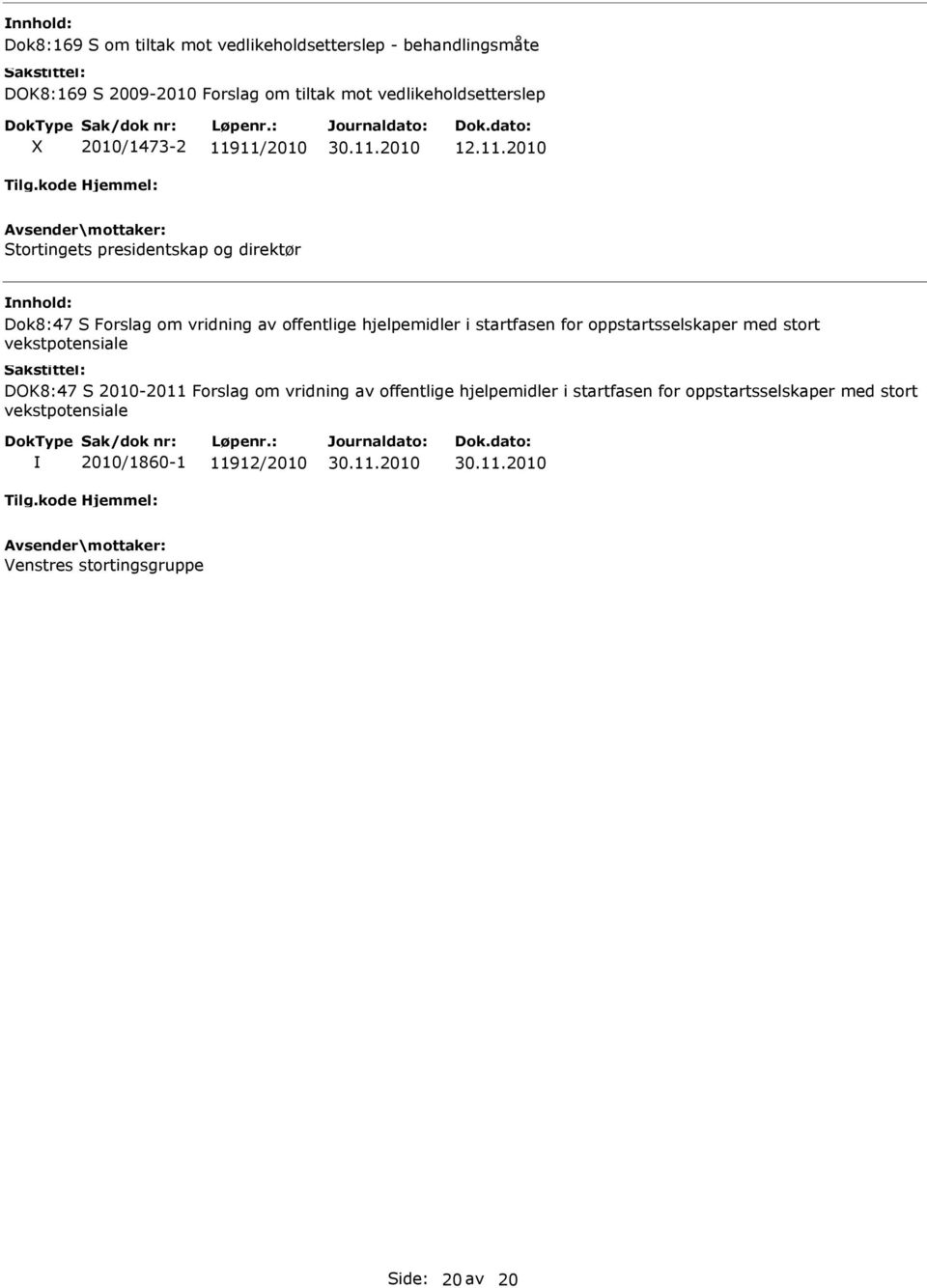 11/2010 12.11.2010 Stortingets presidentskap og direktør Dok8:47 S Forslag om vridning av offentlige hjelpemidler i startfasen