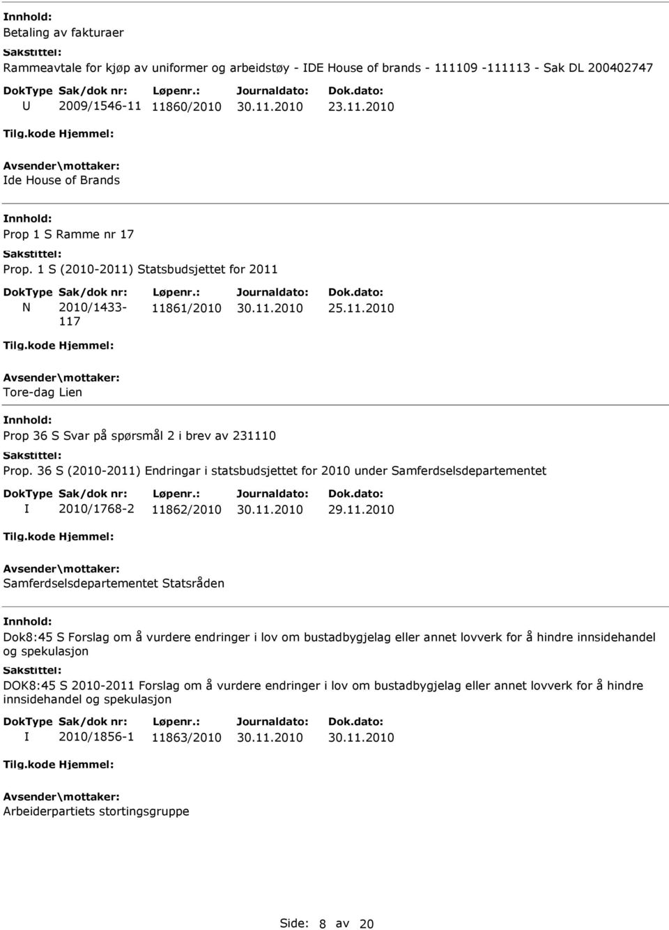 36 S (2010-2011) Endringar i statsbudsjettet for 2010 under Samferdselsdepartementet 2010/1768-2 11862/2010 Samferdselsdepartementet Statsråden Dok8:45 S Forslag om å vurdere endringer i lov om