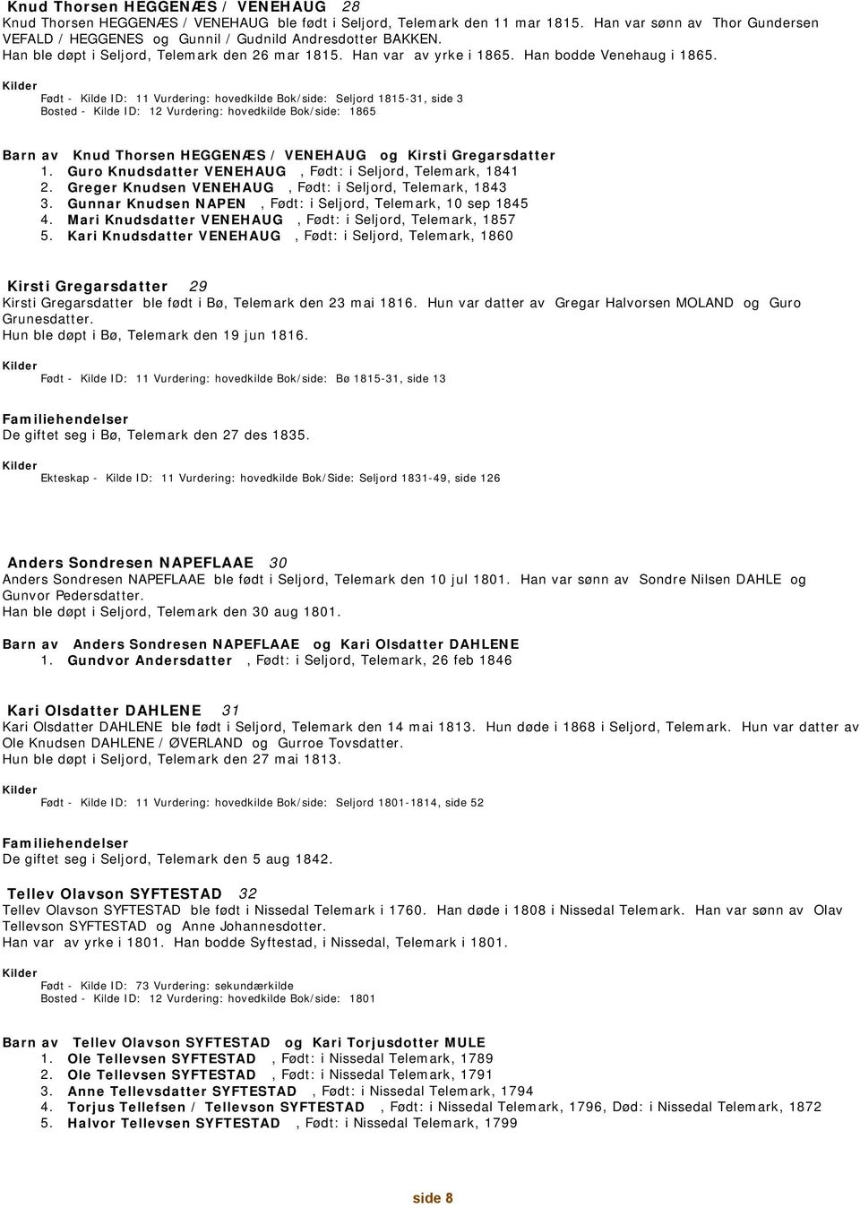 Født - Kilde ID: 11 Vurdering: hovedkilde Bok/side: Seljord 1815-31, side 3 Bosted - Kilde ID: 12 Vurdering: hovedkilde Bok/side: 1865 Barn av Knud Thorsen HEGGENÆS / VENEHAUG og Kirsti Gregarsdatter