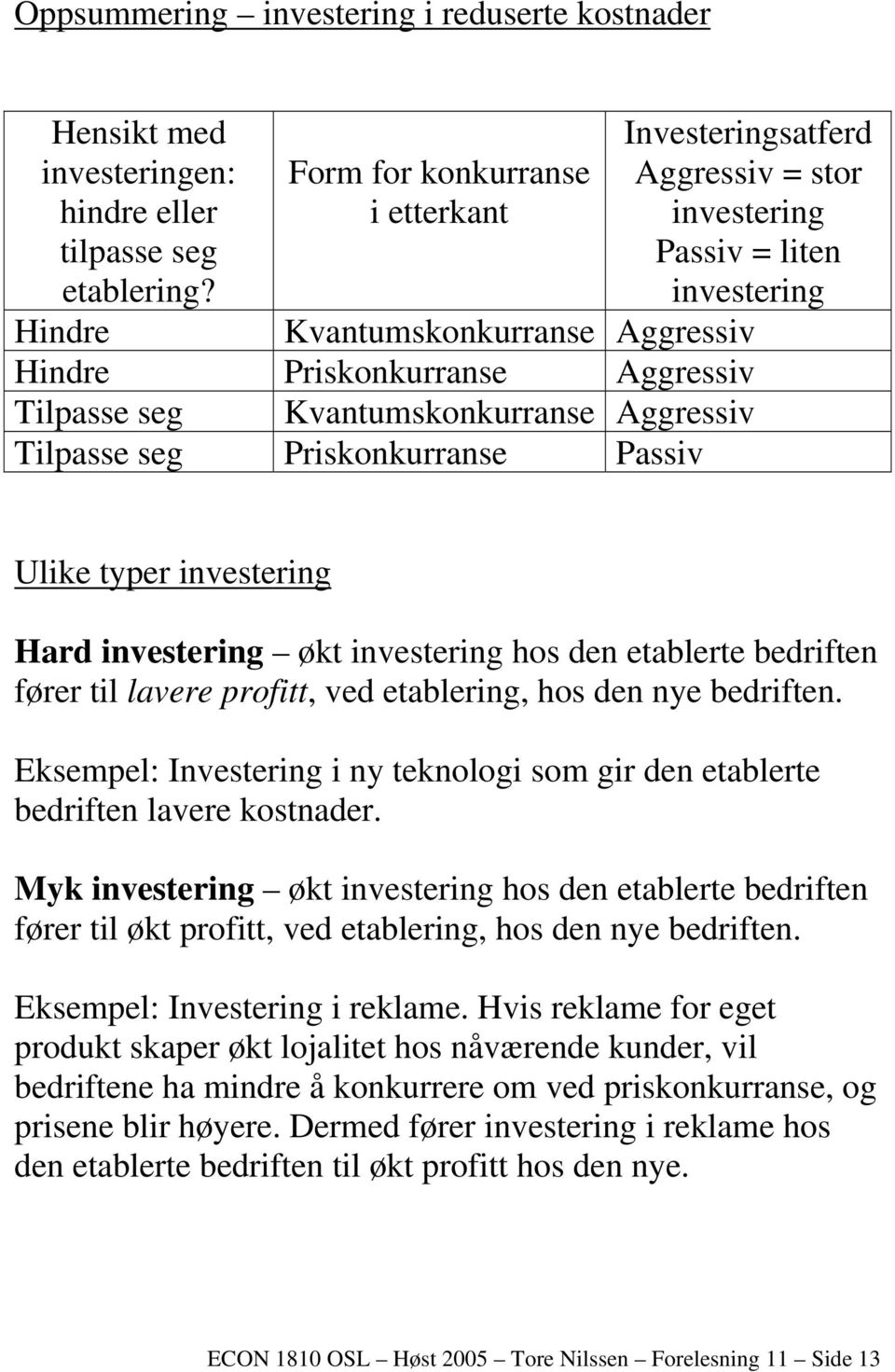 Kvantumskonkurranse Aggressiv Tilpasse seg Priskonkurranse Passiv Ulike typer investering Hard investering økt investering hos den etablerte bedriften fører til lavere profitt, ved etablering, hos